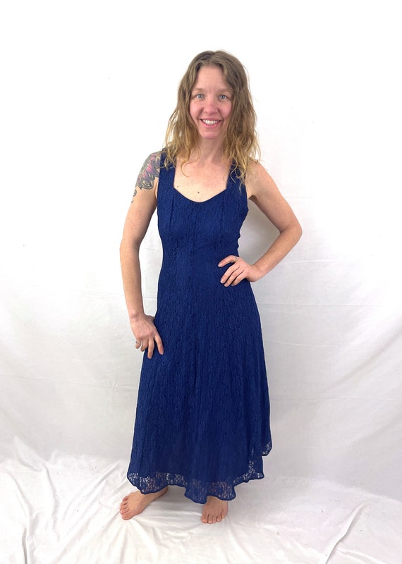 Vintage 80s All That Jazz Blue Lace Maxi Dress - image 1