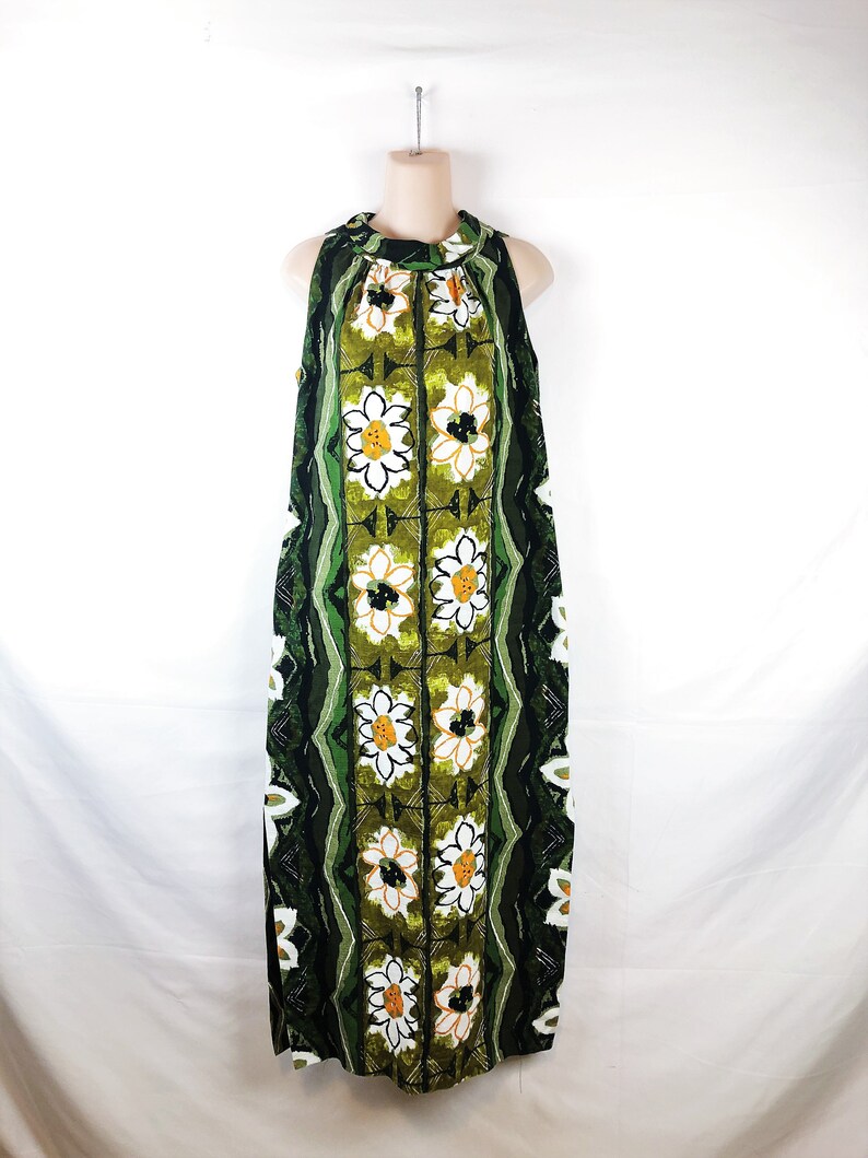 Vintage 1960s Kiyomi Hawaii Tiki Bark Cloth Hawaiian Maxi Dress