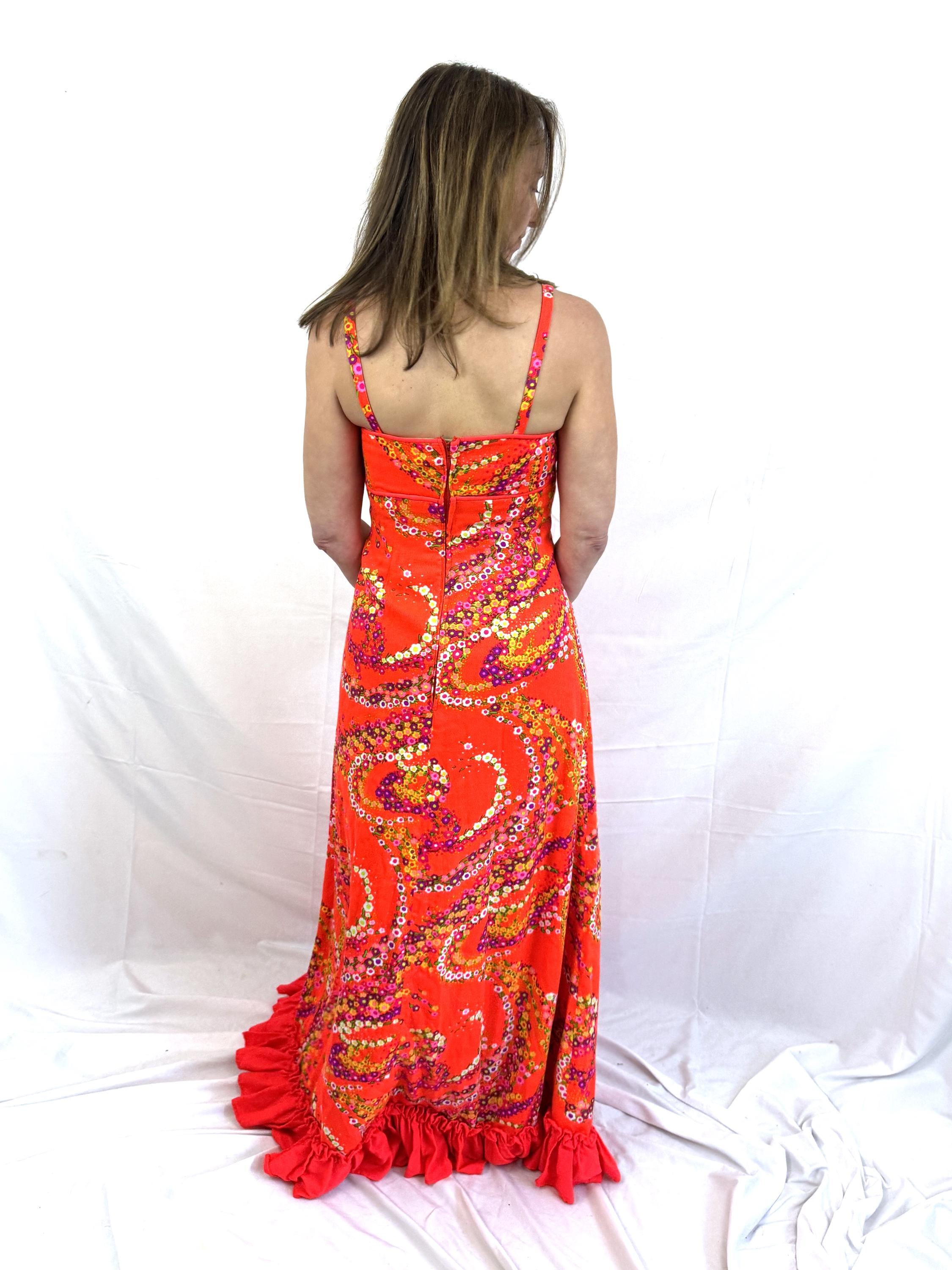 Vintage Hawaiian Neon Orange Floral Hawaii Barkcloth Maxi Dress - Etsy