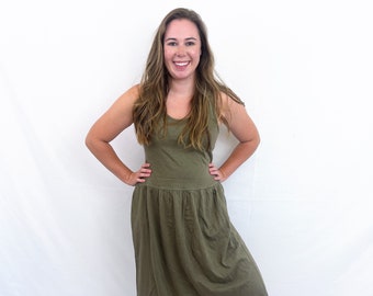 Vintage 80s Olive Green Khaiki Cotton Summer Dress - Lizsport