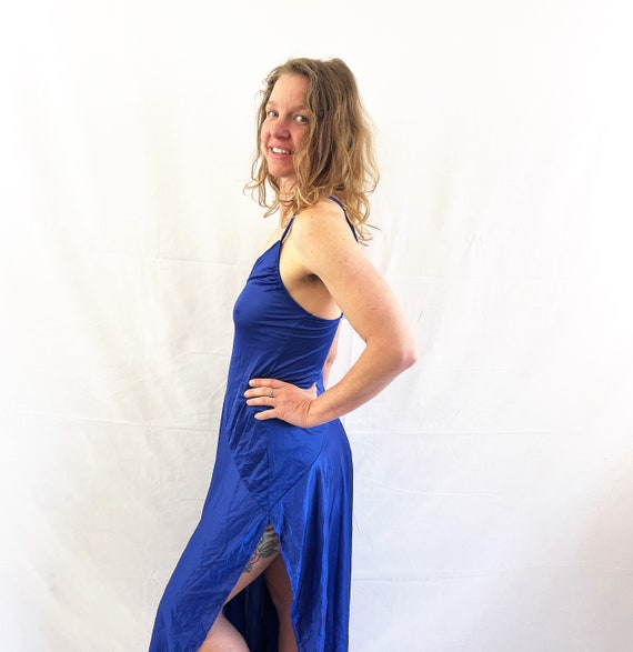 Vintage 1980s 80s Blue Nylon Lingerie Maxi Slip -… - image 4