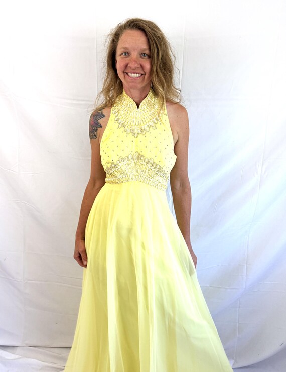 Vintage WOW Mike Benet Sequin 1960s 60s Formal Yellow Sequin Halter Gown Dress