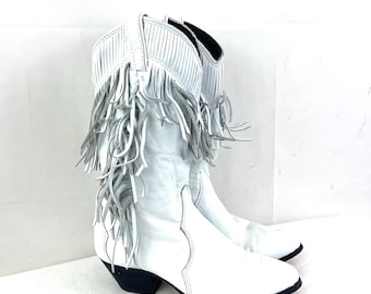 Vintage 80s 1980s Laredo Fringe White Leather Western Women's Boots - Size 5 1/2