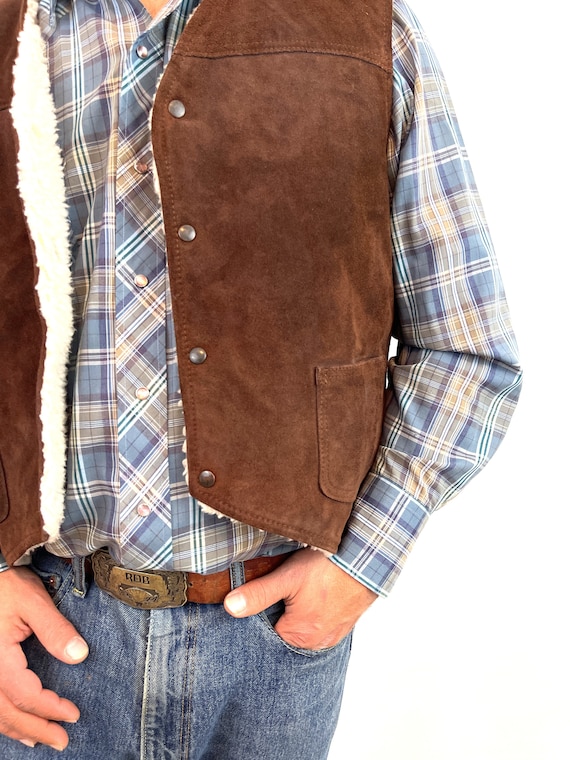 Vintage 1970s 70s Brown Suede Shearling Fur Vest … - image 2