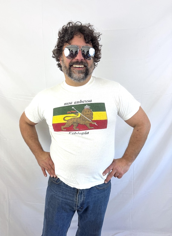 Vintage 1970s 80s Ethiopia Flag Lion Judah Rastafari Rasta Tshirt Tee Shirt
