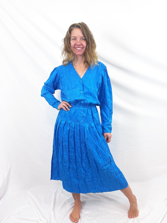 Vintage 80s 1980s Blue Pure Silk Evening Fun Dress