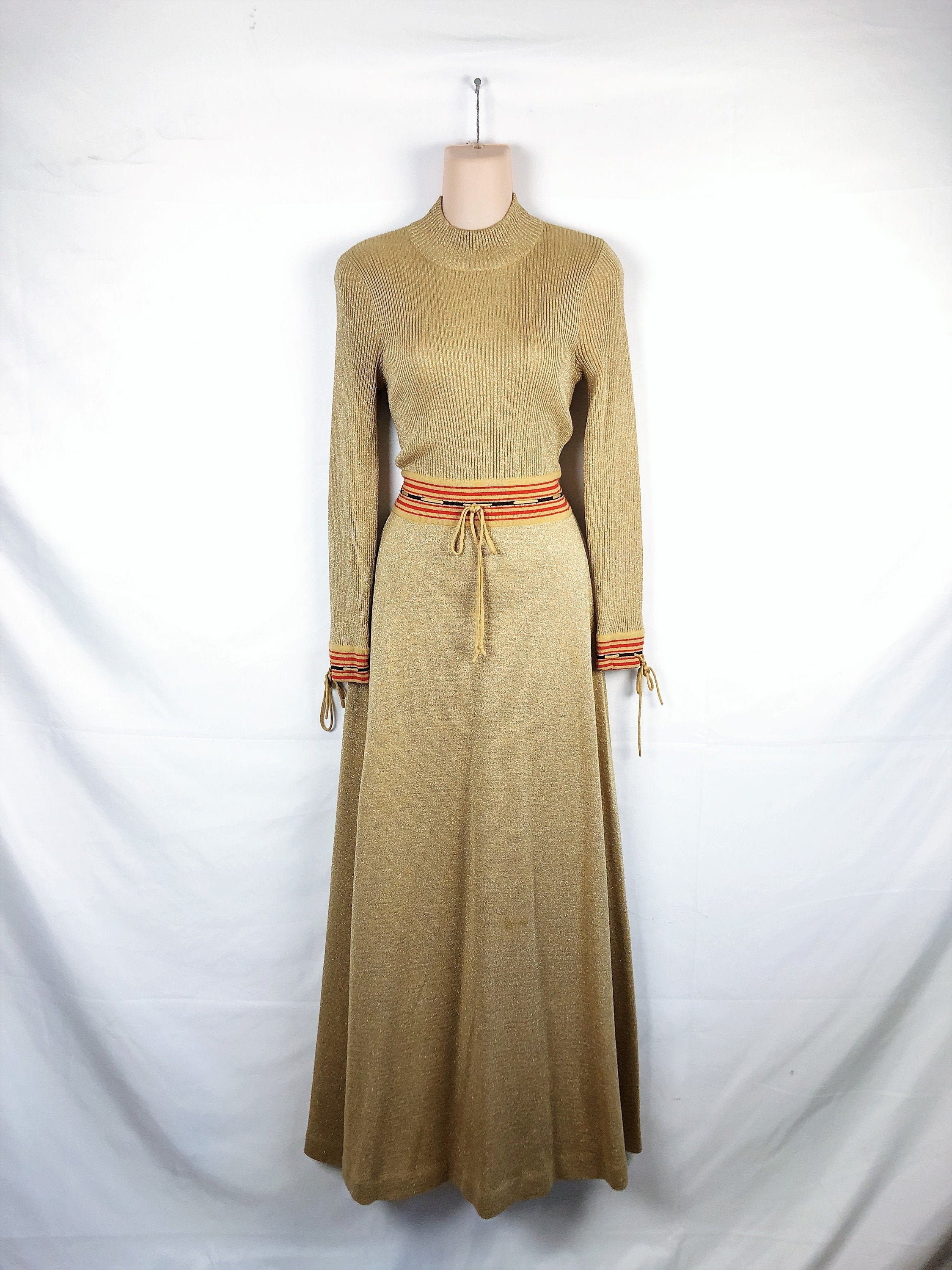 Boho Chic Vintage 70/'s Disco Fashion Maxi Skirt and Top with knitted Lurex Waist band and Trim