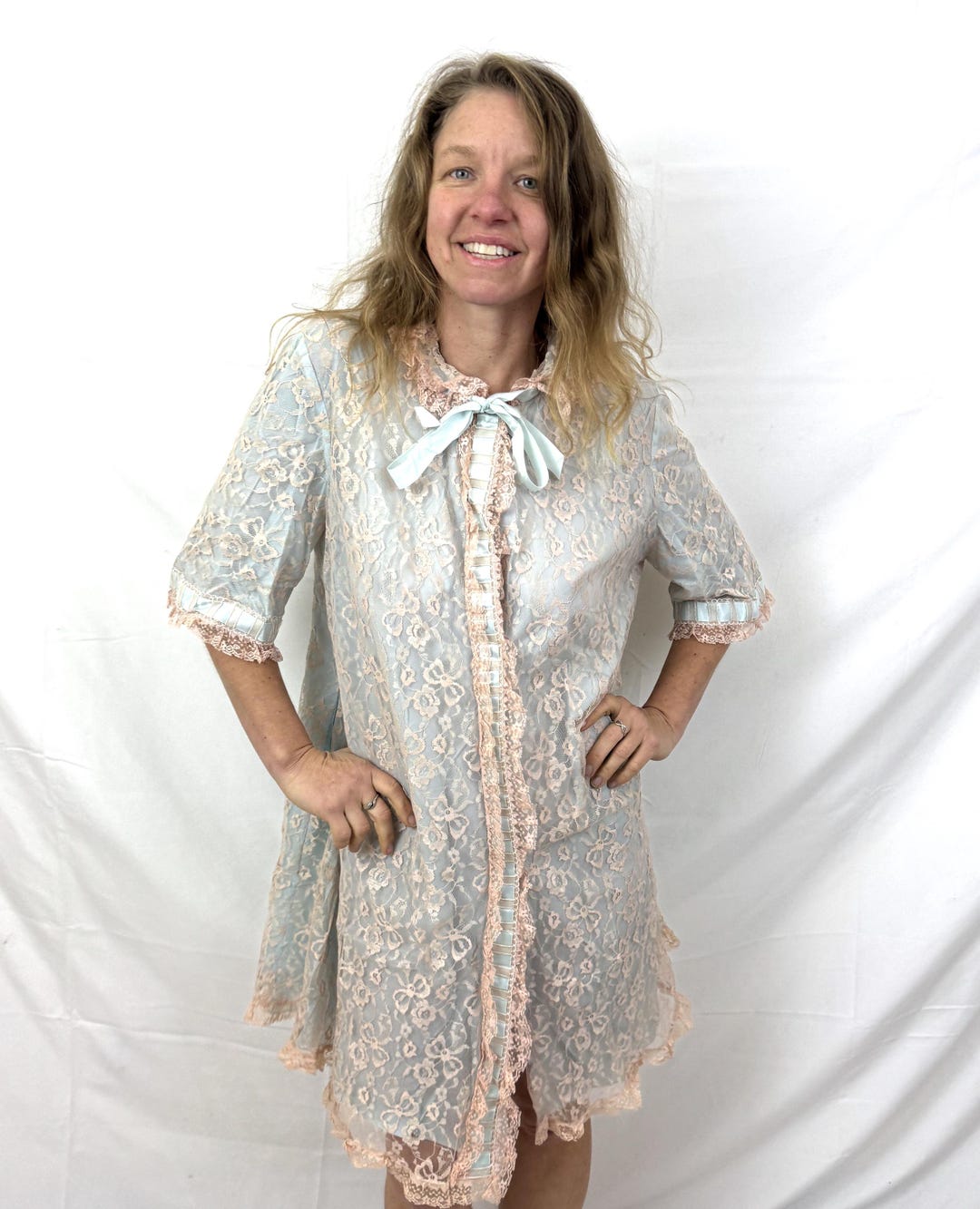 60Sヴィンテージ　Odette Barsa　ナイティガウン　レース　リボン Vintage 1960s 60s Lace Lingerie Slip Dressing Gown Robe Peignoir
