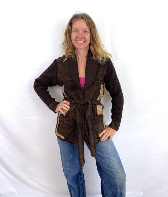Vintage 70s 1970s Suede and Knit Brown Cardigan S… - image 1