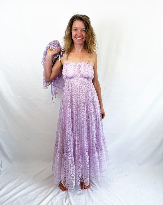 Vintage 1970s Lovely Purple Lace Summer Maxi Gown… - image 1