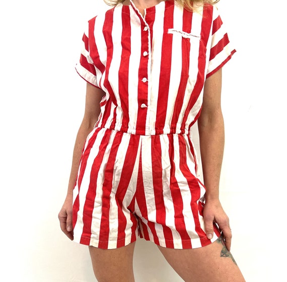 WOW Vintage 80s 1980s Red White Striped Onesie Ro… - image 2