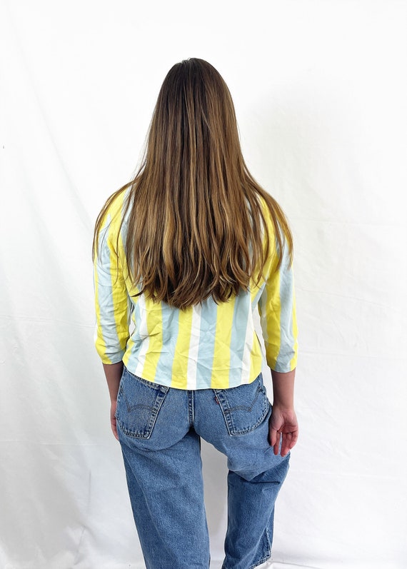 Vintage 1950s 1950s Yellow Blue Striped Button Up… - image 3