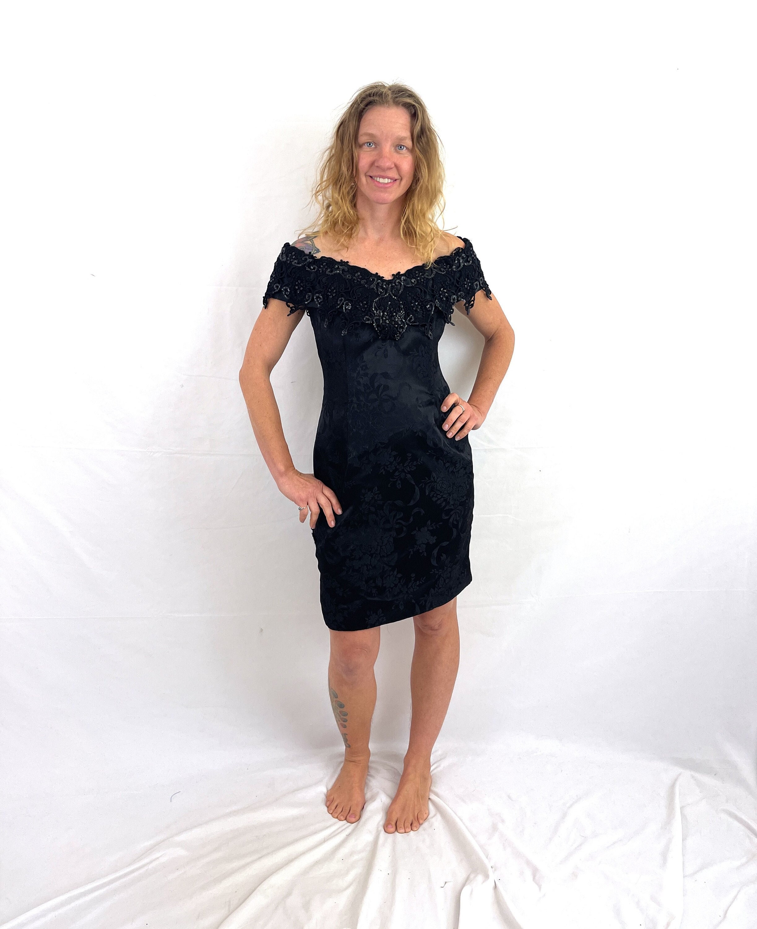 Vintage 1980s Black Sparkle Brocade Lace Party Dress - Scott