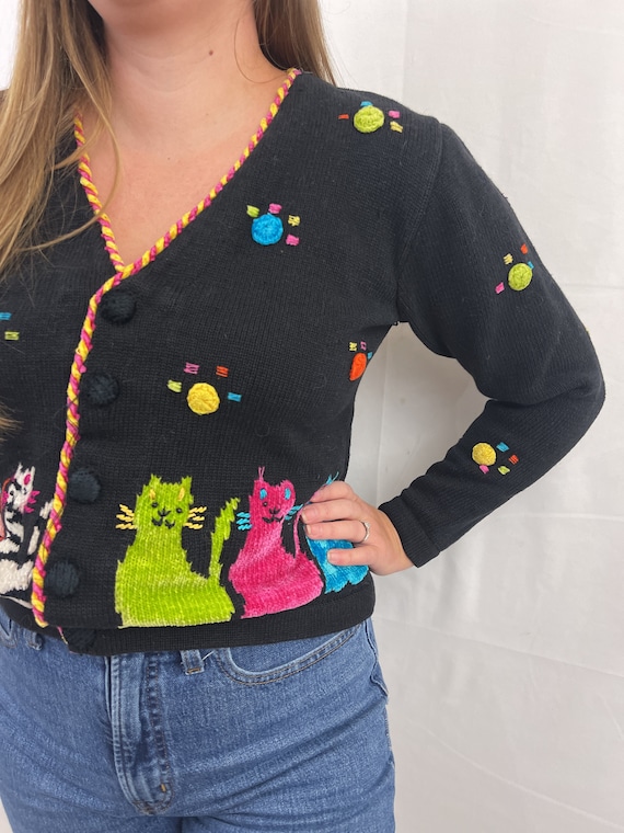 Vintage 1990s 90s Y2K Rainbow Cat Cute Cardigan S… - image 2