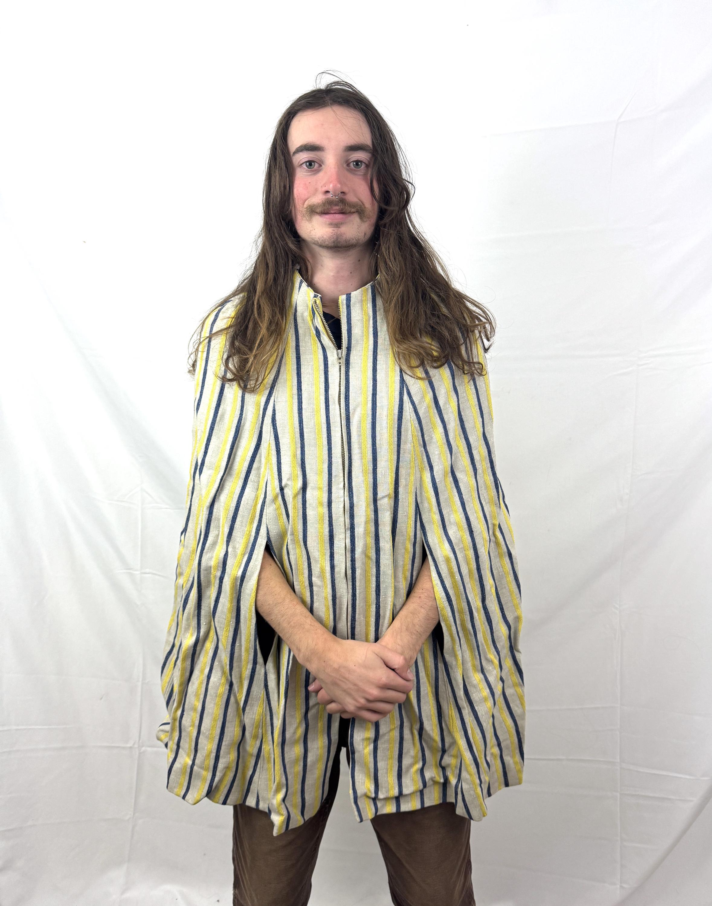 ジャケット・アウター argue SHETLAND WOOL LINEN VINTAGE PONCHO Vintage 1960s 60s Striped Linen Poncho Sweater Cape Caplet Coat