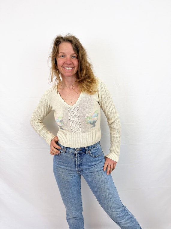 Vintage 1970s Super Cute Cropped Knit Sweater - B… - image 1