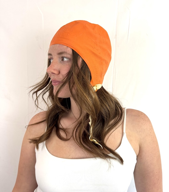 Vintage 50s 60s Sea Siren Orange Floral Swim Cap - image 2