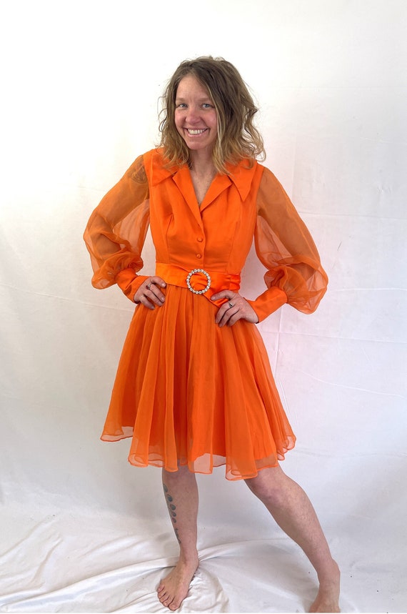 Vintage 60s Orange Chiffon Party Dress: Sheer Sleeve Cocktail