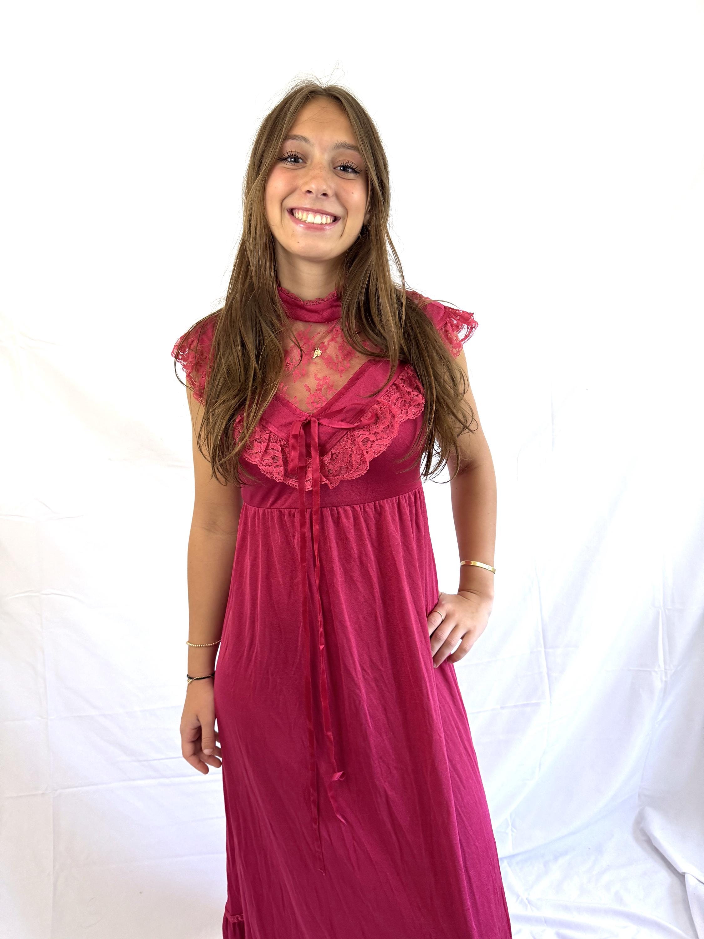 Vintage 70s 1970s Red Lace Prairie Dress Gown - Young Reflections
