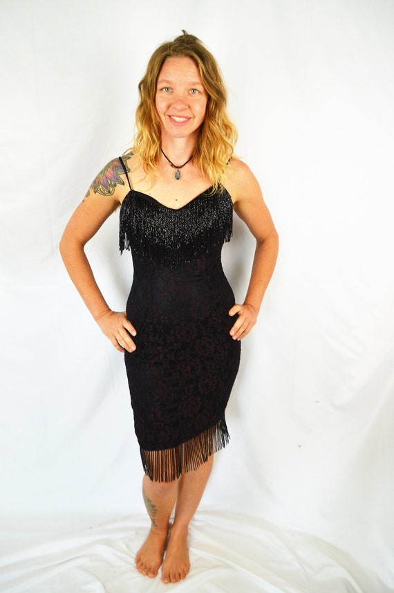 Wow 90s Cache Sexy Black Lace Mini Beaded Fringe P