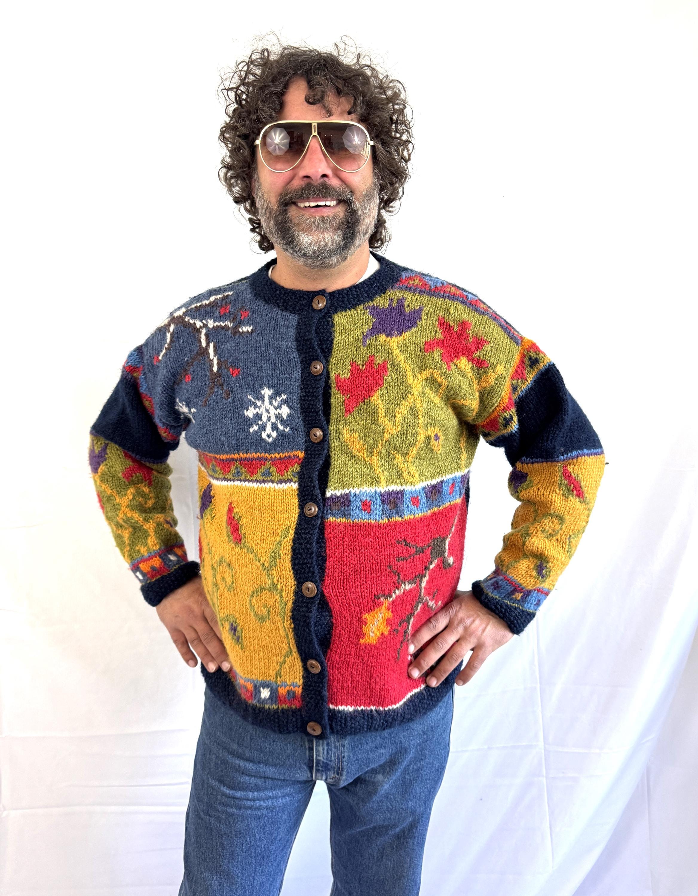 Vintage 90s 1990s Wool Cardigan Sweater - Newari, Hand Crafted in 