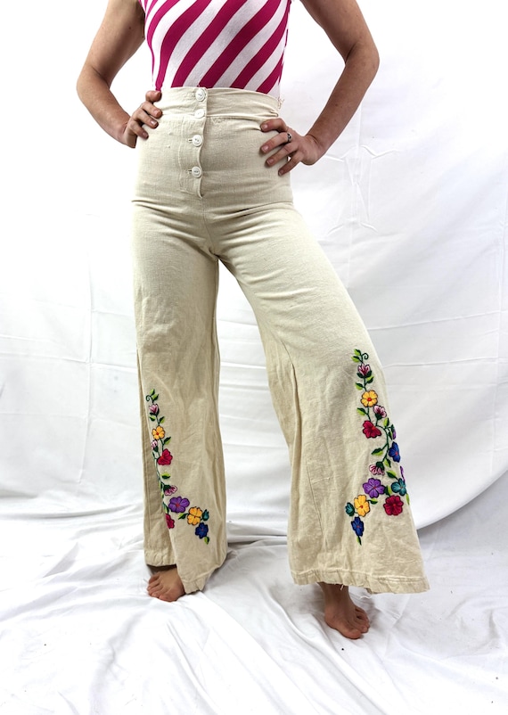Pantaloni a zampa d'elefante vintage anni '70 in cotone ricamato