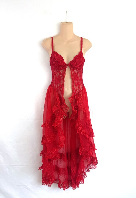 Vintage 1990s 90s Red Sheer Slip Lingerie Nightgow