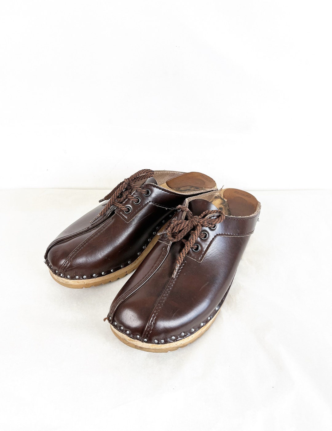 Vintage Brown Leather Lace up Loafers Clogs Heels Slides Shoes Etsy