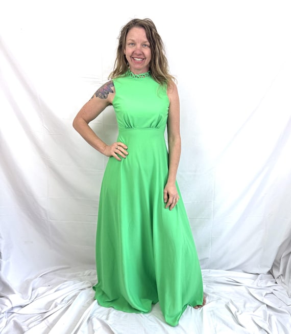 formal 1970s dresses Vintage 70s Green Polyester Maxi FUN Party Dress 70s fashion evening 70s formal wear