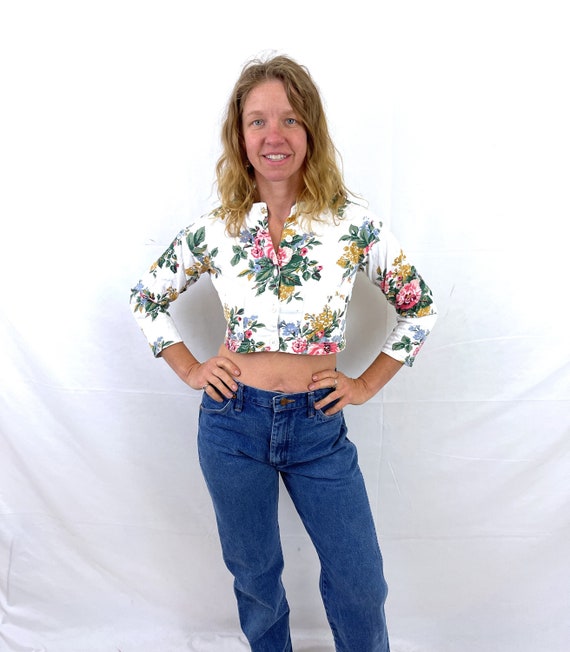Super 80s Floral 1980s Boxy Cropped Top Shirt