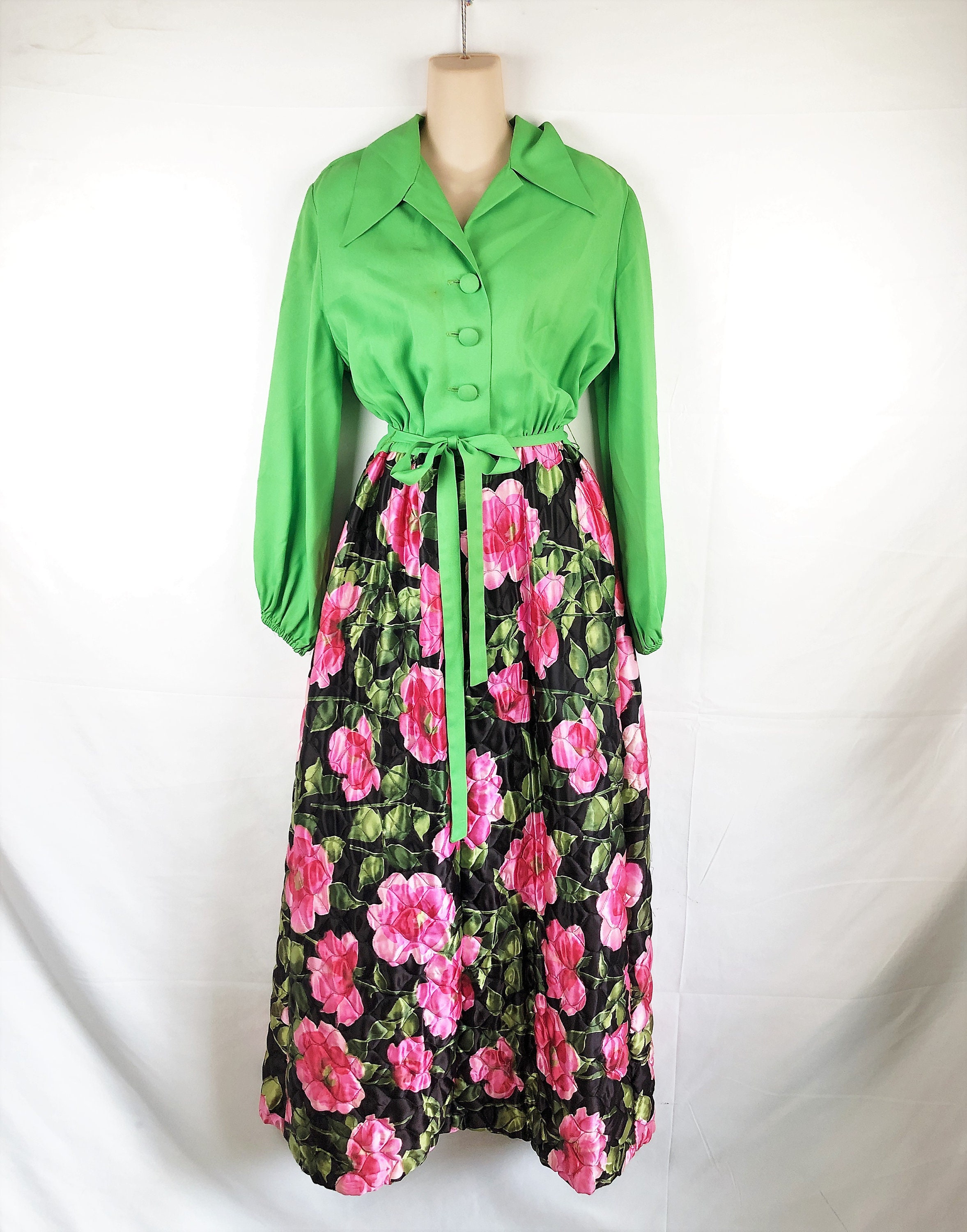 Vintage 1960s Sears At Home Wear Maxi Lounge Dress Size 14 Quilted Colorful Mod a15