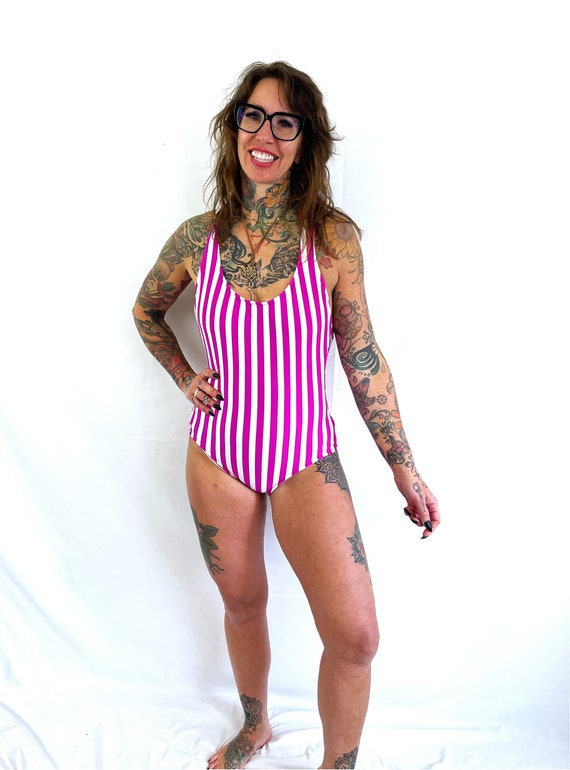 Super 1980s 80s Striped Pink White Swimsuit - LL B