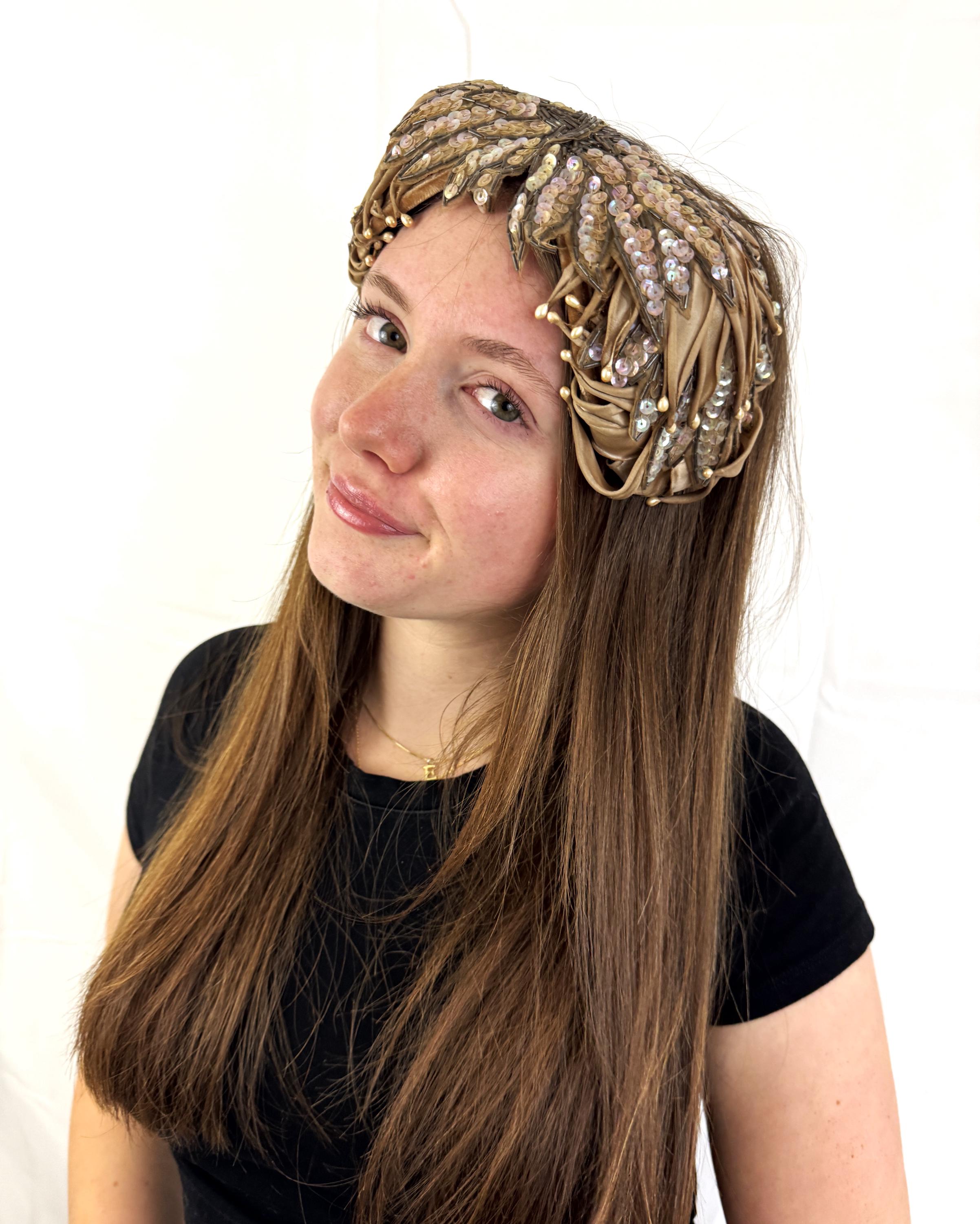 Vintage Wool Sequin and Feather Hat by Coralie Lancaster Feather Wide Brim Original Vintage Hats for Women for sale  main image 2