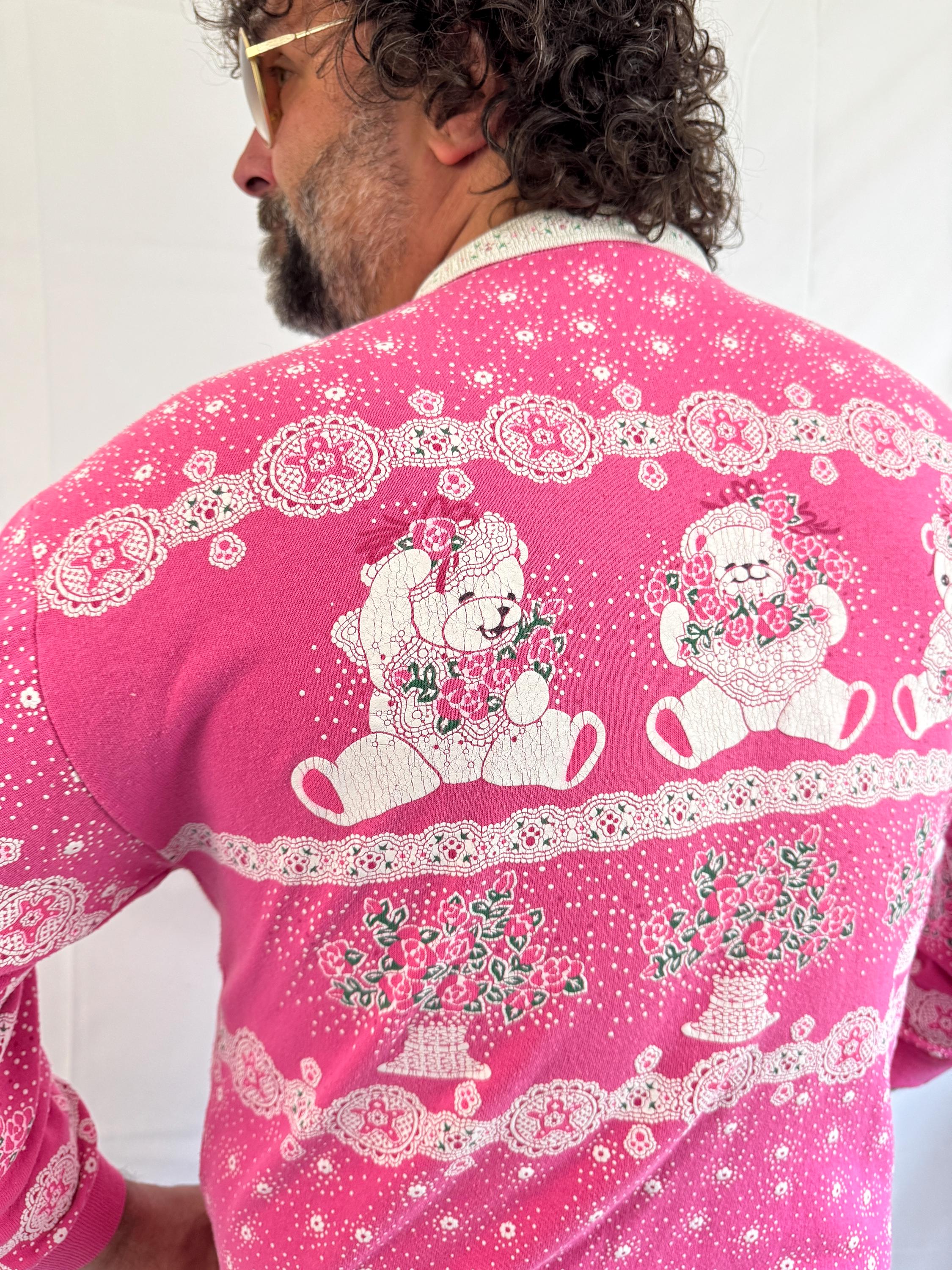 RARE Vintage 80s Puffy Pink Teddy Bear Sweatshirt - Spumoni