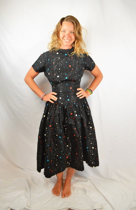 Vintage 1950s 50s Mode O Day Polka Dot Satin Dress