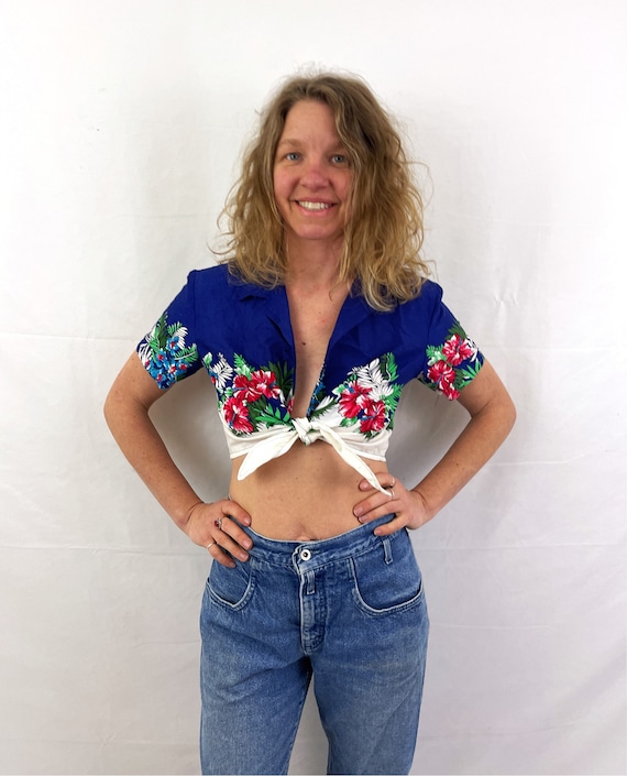 Vintage 70s 1970s Tropical Summer Cropped Crop To… - image 2