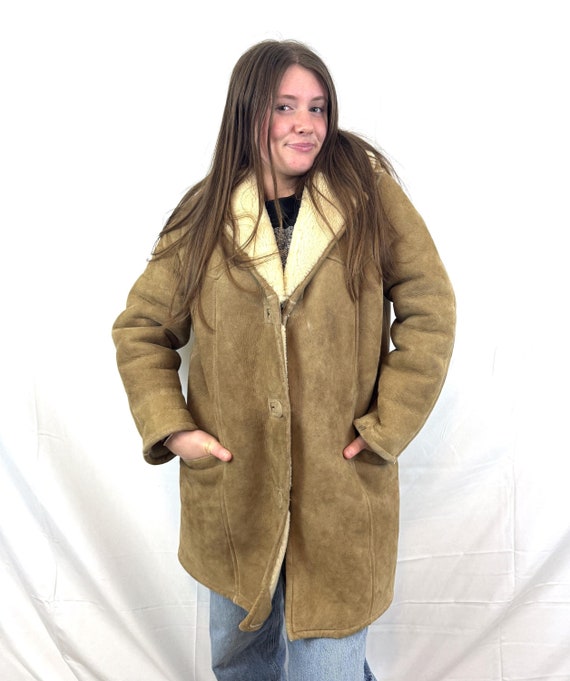 Vintage Leather Suede Sheepskin Shearling Ranch Winter Fur Coat