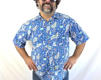 Camisa de algodón oversize con botones y estampado geométrico de surfista vintage de los años 80 - Sábados