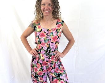 Vintage 1990s 90s Summer Rayon Floral Romper - M.E.I. Division of Miss Erika