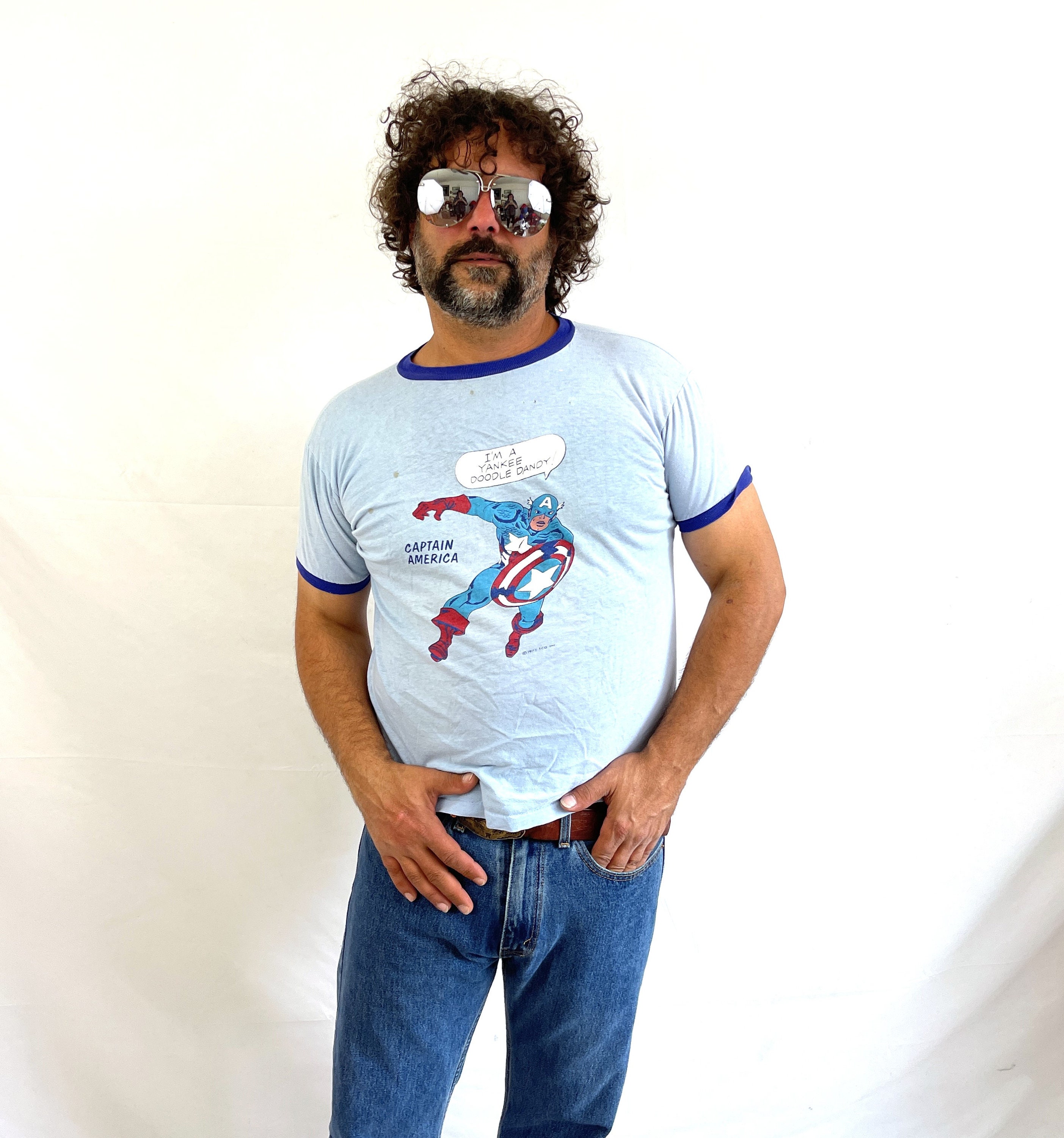 Vintage 1970s 70s 1975 WOW Captain America Ringer T-shirt VTG Tee 