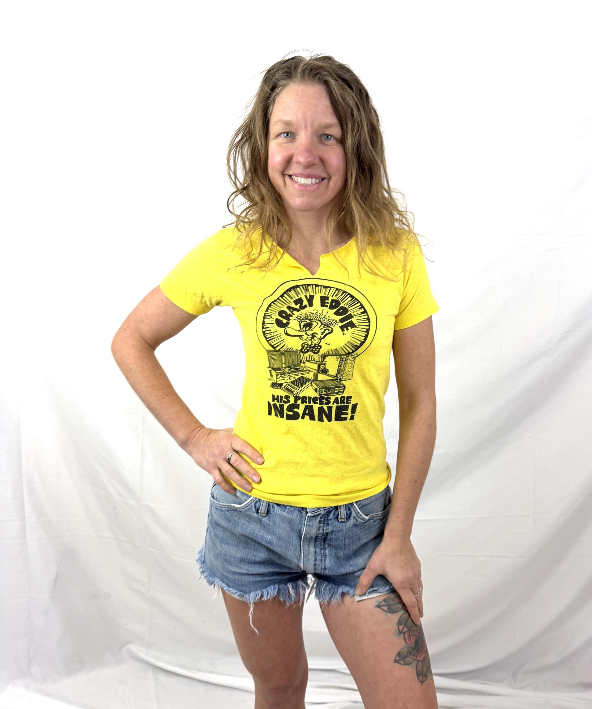 Vintage 80s 1980s RARE Crazy Eddie Electronics Yellow Cut off