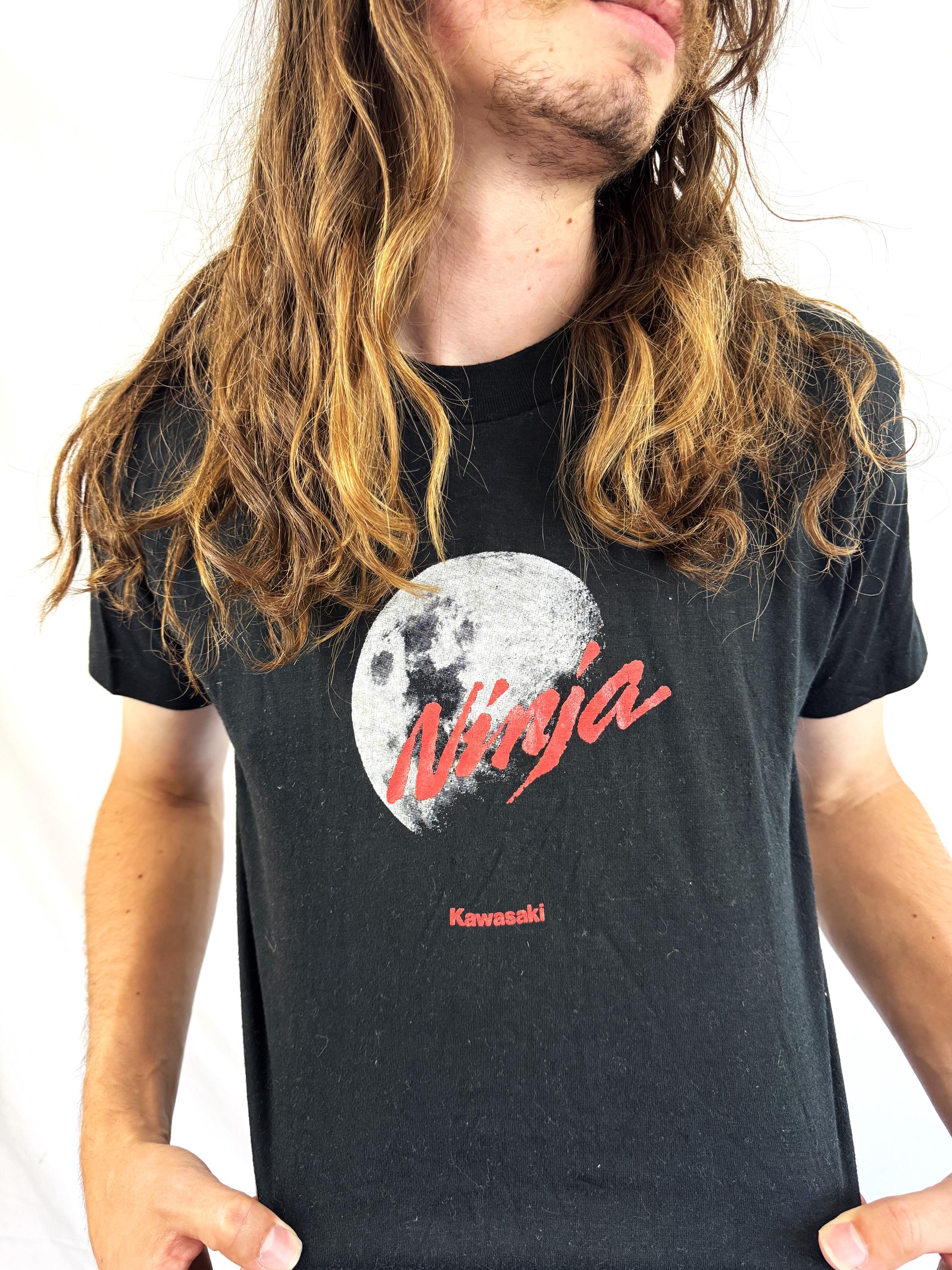 Rad Vintage 80s 1980s Ninja Kawasaki Motorcycle Black Tee Shirt