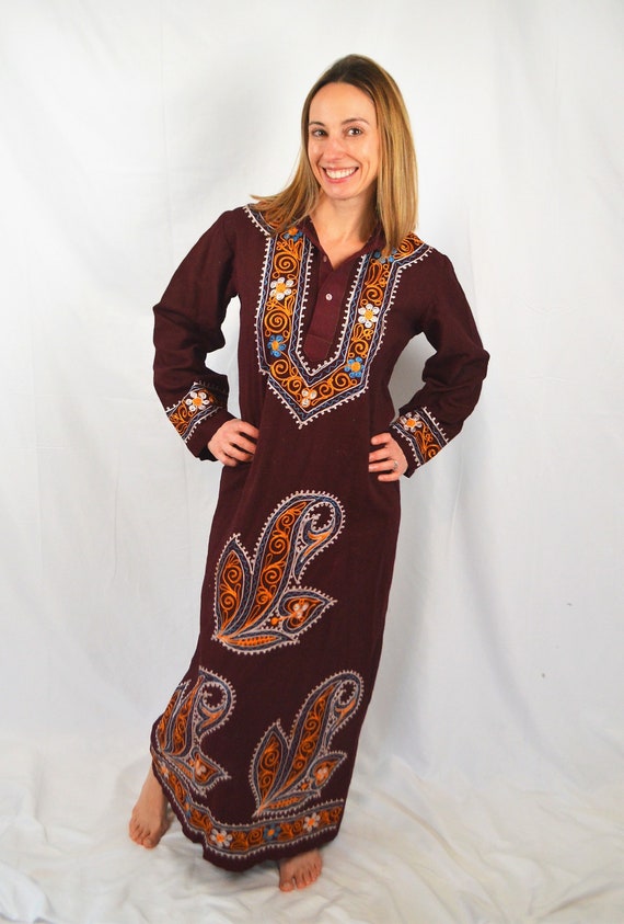 Vintage India Ethnic Hooded Embroidered Maxi Dress
