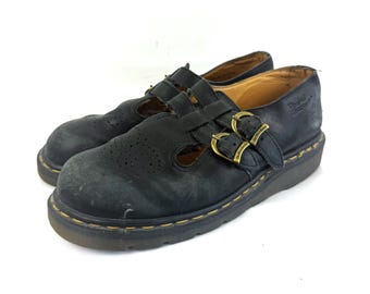 Vintage Black Leather Doc Martens Shoes - Mary Jane T-strap Made in England - Size 6