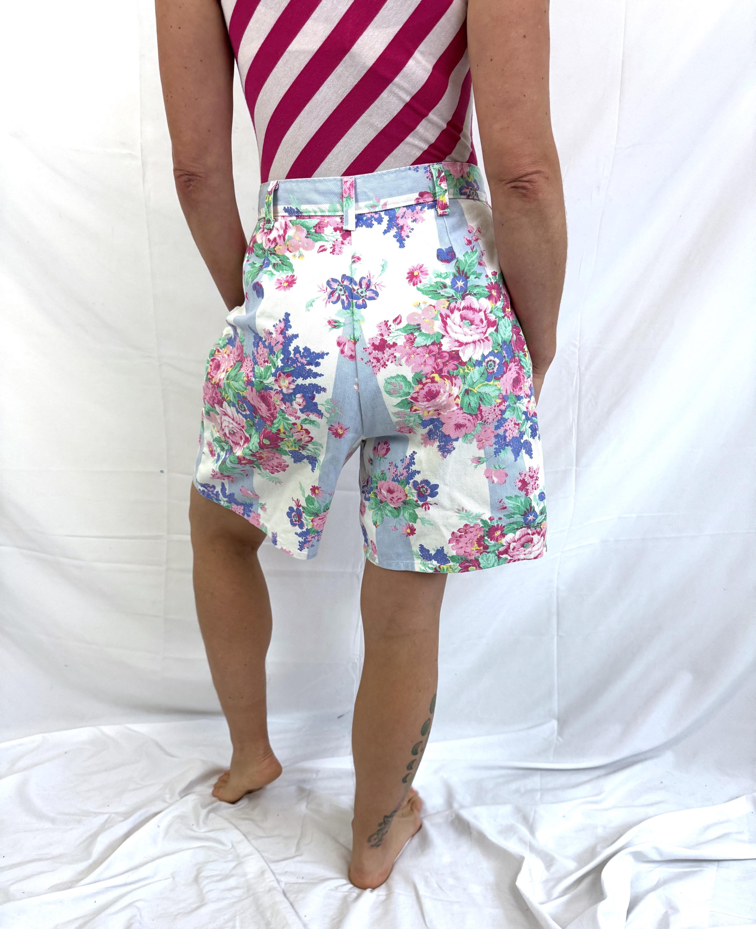 Vintage 80s Floral High Waisted Denim Cotton Shorts - Vivaldi Jeanswear - Div of Stuffed Shirt Inc.