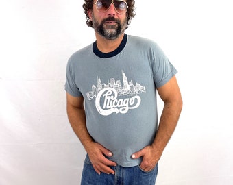 Vintage Chicago Gray 80s Ringer Tee Shirt Tshirt