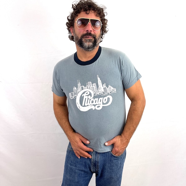 Vintage Chicago Gray 80s Ringer Tee Shirt Tshirt