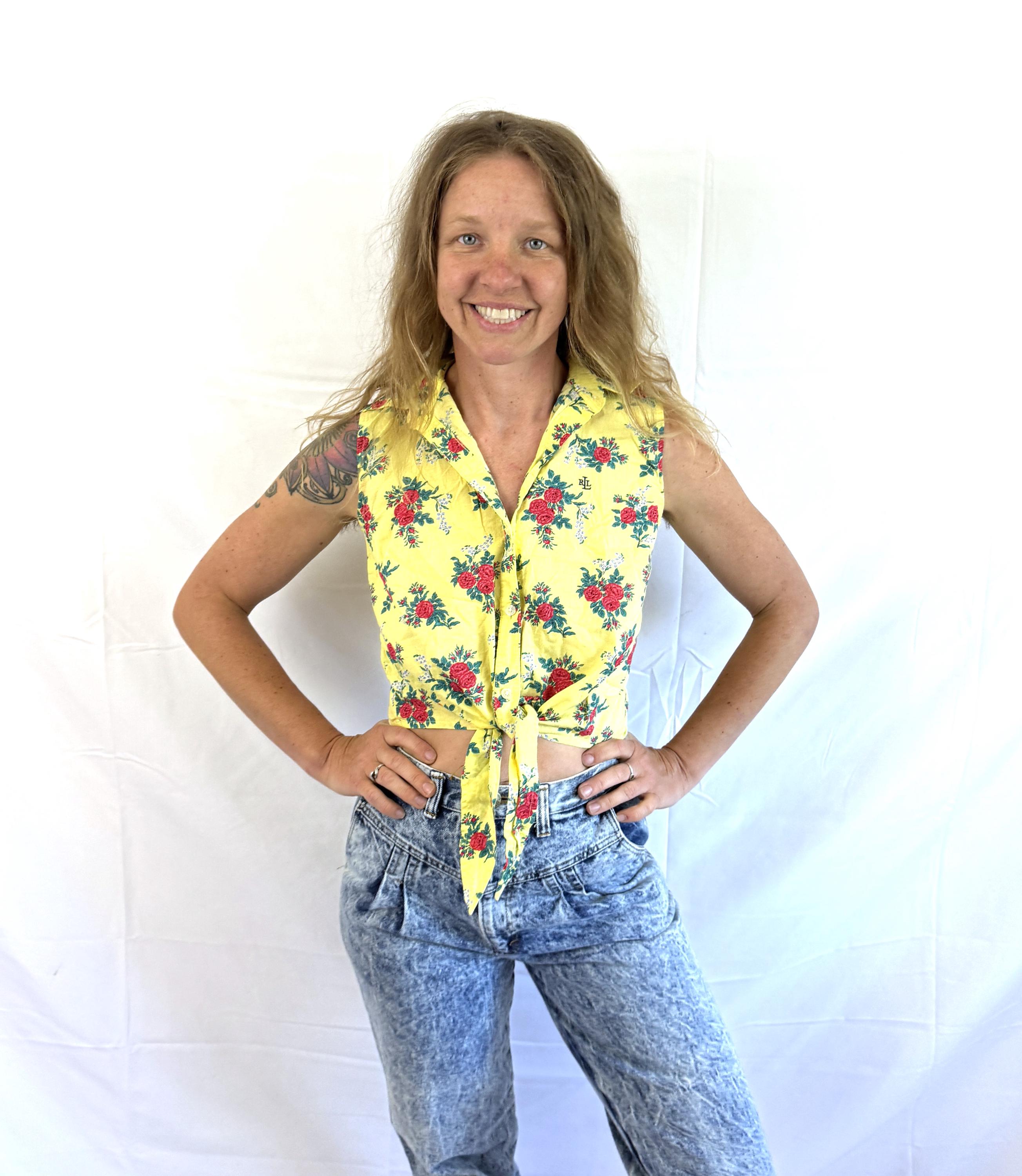 Vintage 1990 90s Ralph Lauren Yellow Summer Floral Top Shirt