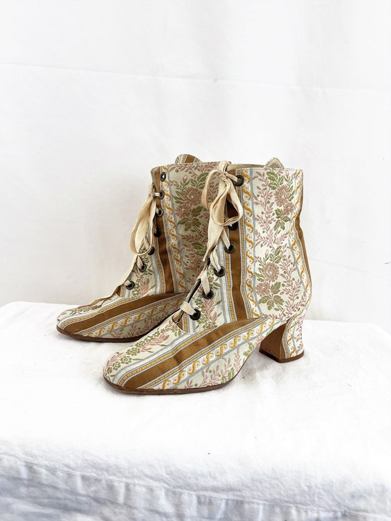 Vintage 90s 1990s Tapestry Leather Boots - Kenneth