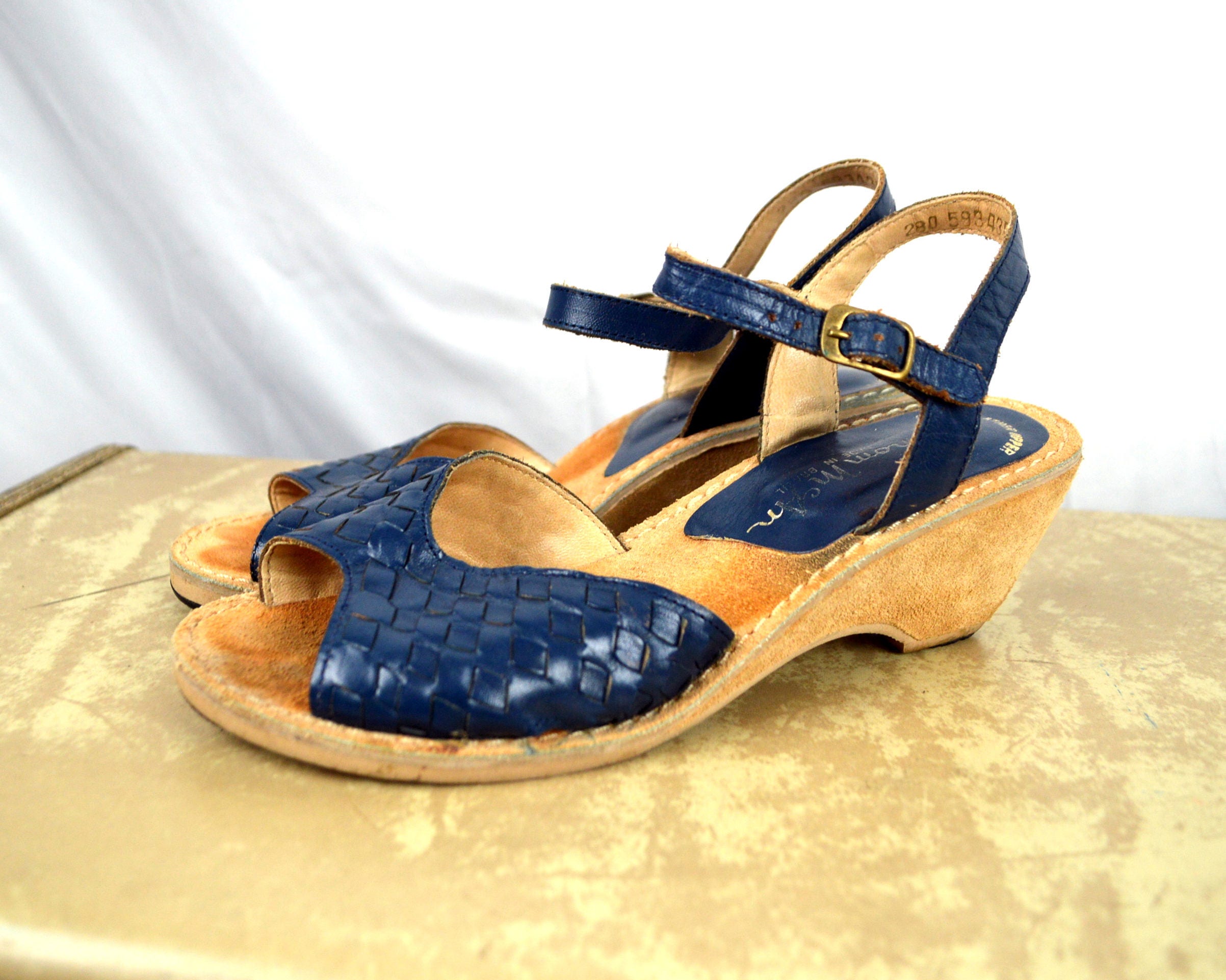 Vintage Thom McAn Suede Blue Leather Wedge Sandals | Etsy